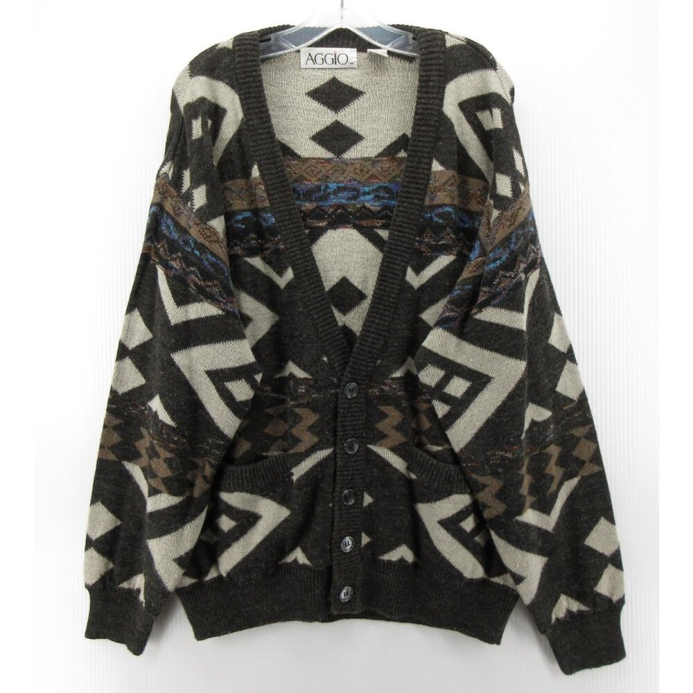 VINTAGE Sweater Large Aggio Gray Wool Cardigan Aztec Southwestern 90s*